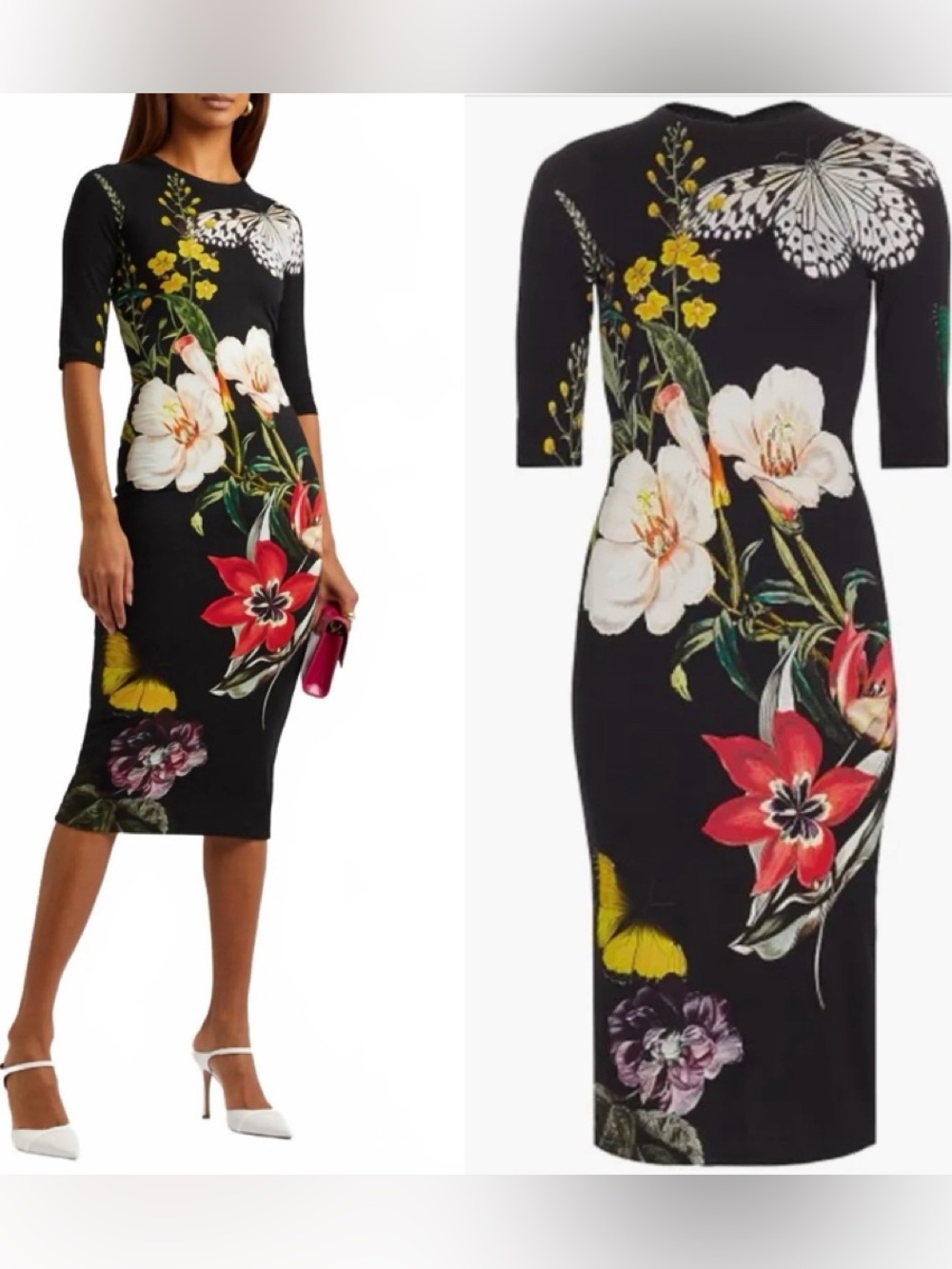 Alice + Olivia Black Delora Floral Midi Dress with Multicolor Blooms